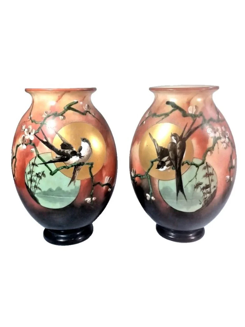 Antique Baccarat Daum Galle Opaline Art  Glass Vase Set Love Bird Apple Blossom